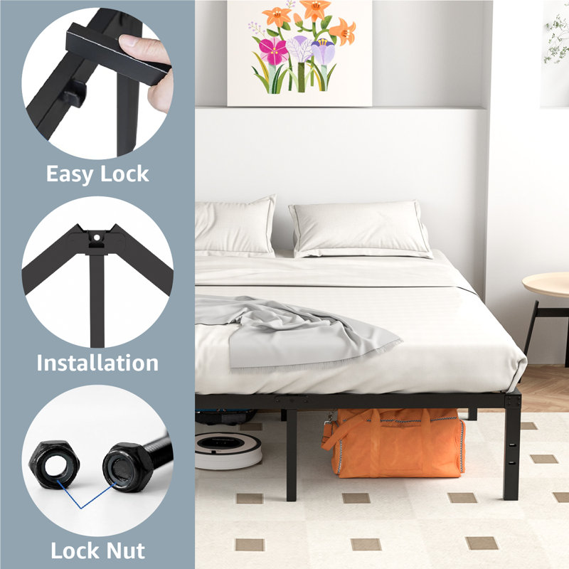 14'' Metal Bedframe No Box Spring Needed Eassy Assemble Platform Bed, Full