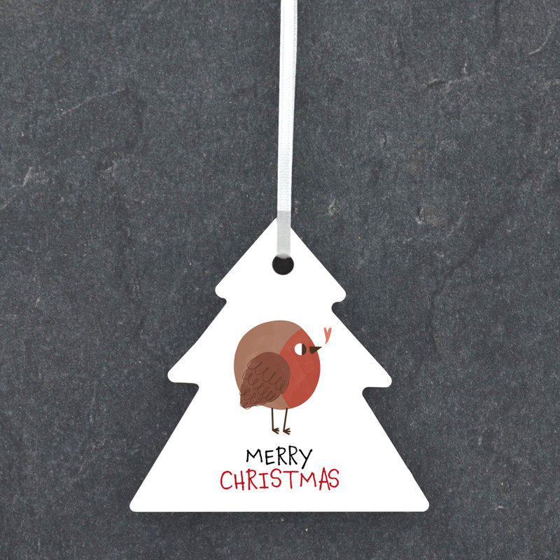 Robin Merry Christmas Tree Shaped Ceramic Ornament