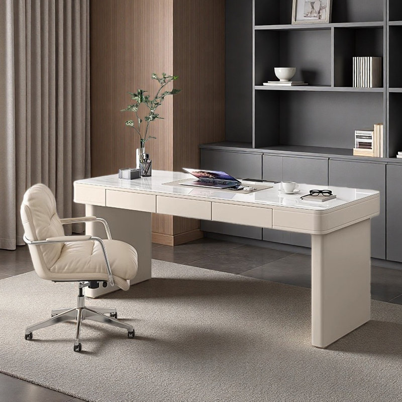 Creamy Modern Luxe Rock-Slab Office Desk, 29.5" H x 70.9" W x 27.6" D