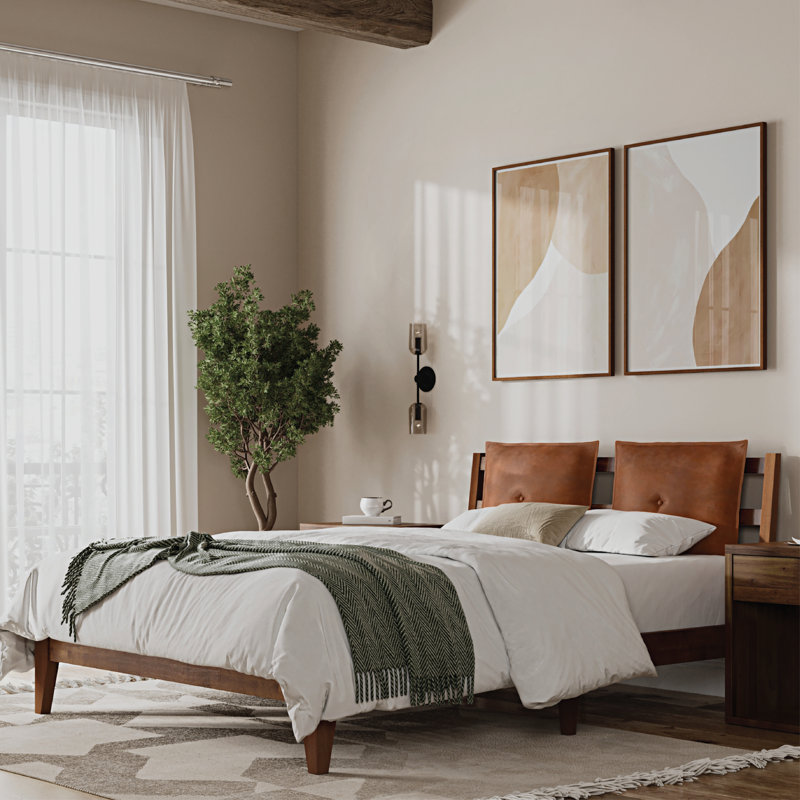 Goggin Solid Wood Bed with Removable Plush Pillow Headboard, Queen, Brown