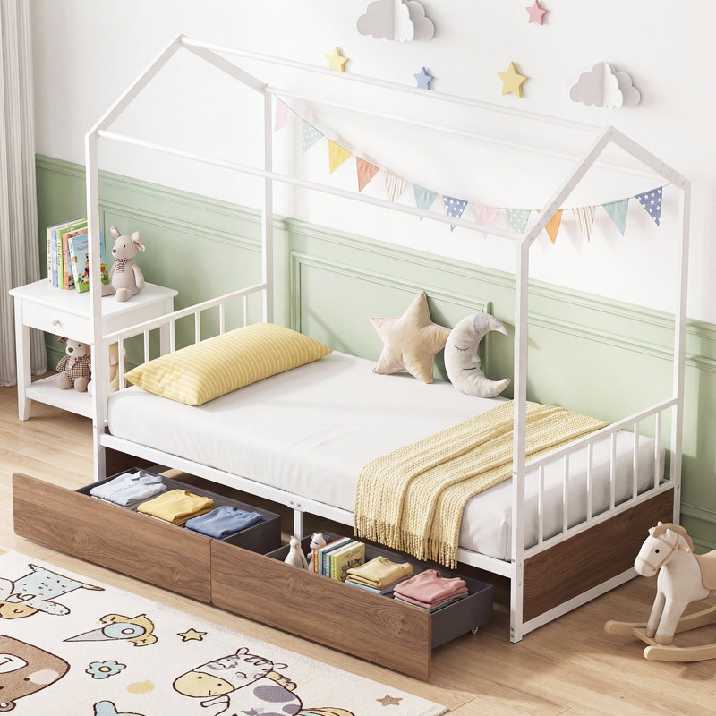 Single Size House Bed Heavy-Duty Metal Platform Bed with 2 Drawers, Brown
