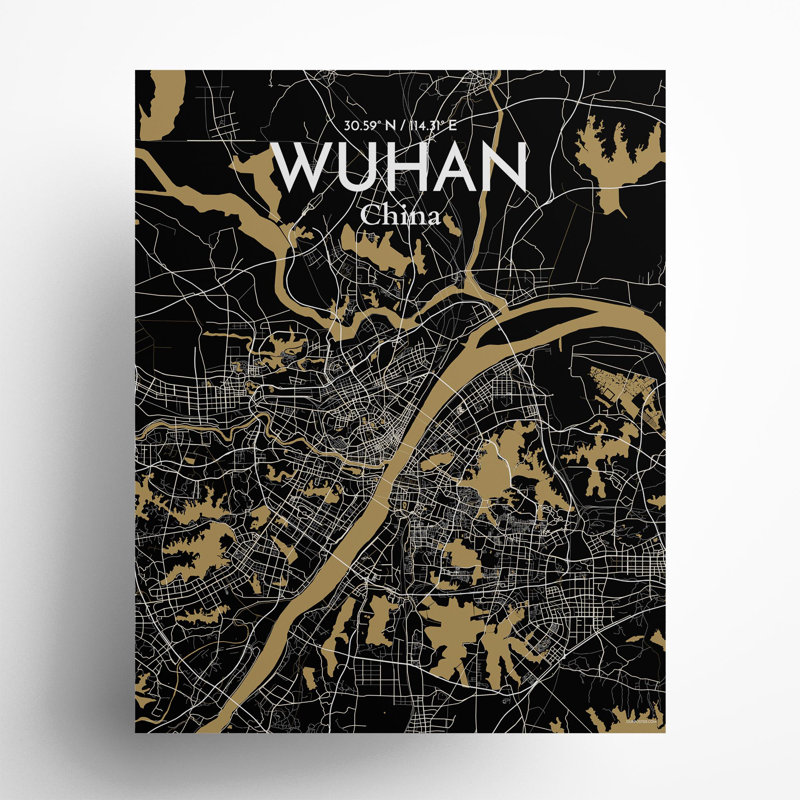 Carte de la ville de Whan, impression, Noir et or, H 20 po x l 16 po