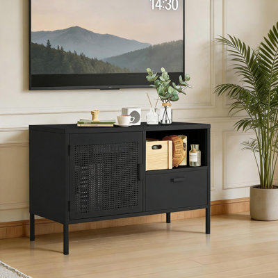 Modern Metal TV Stand with Storage - 37.8" Entertainment Center with Ventilated Mesh Doors, Drawer & Adjustable Shelves for Living Room, Office or Entryway - Black