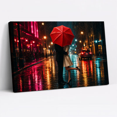 Couple sous un parapluie rouge dans une rue pluvieuse la nuit, tableau sur toile