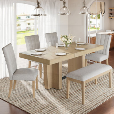 Farmhouse Extendable Wood Dining Table Set with Bench and 4 Upholstered Chairs, 3.8-Inch Thick Tabletop, Trestle Legs for Versatile Use