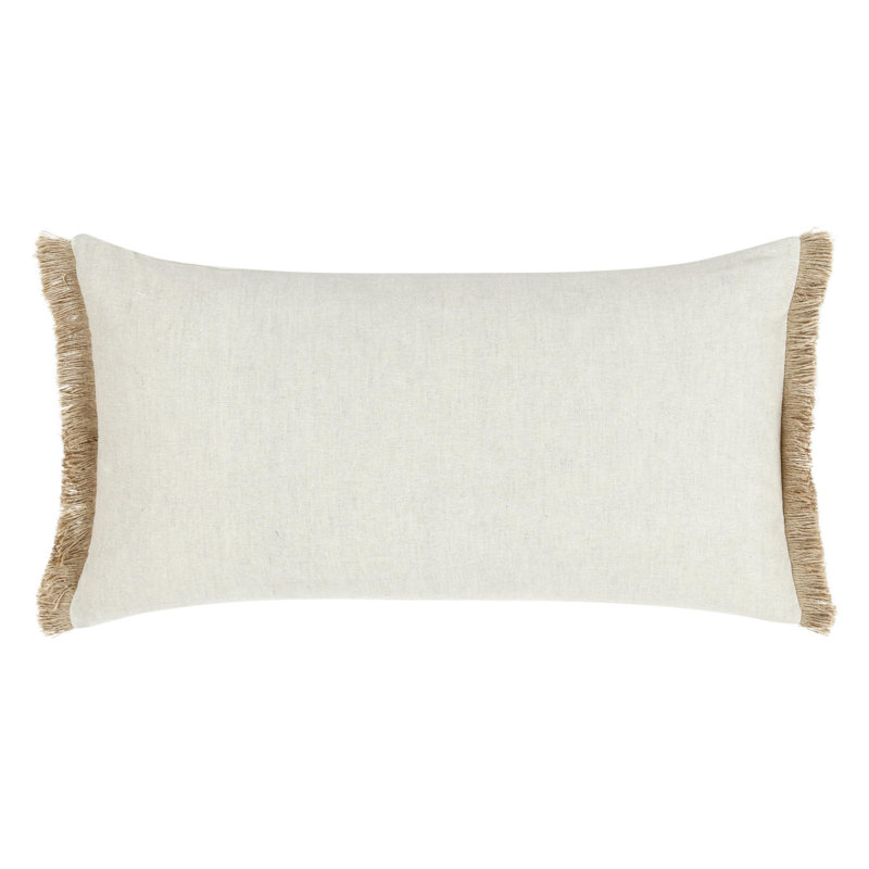 Baia 14x26 Embroidered Belgian Linen Fabric Natural Throw Pillow, Beige;Cream Geometric, 26"H x 14"W, Rectangular