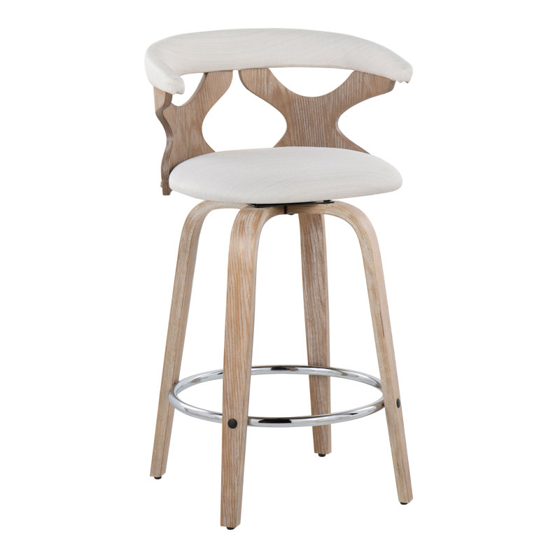 Gardenia Contemporary Fixed-Height Counter Stool with Swivel in Cream Fabric with Round Chrome Metal Footrest by LumiSource - Set of 2