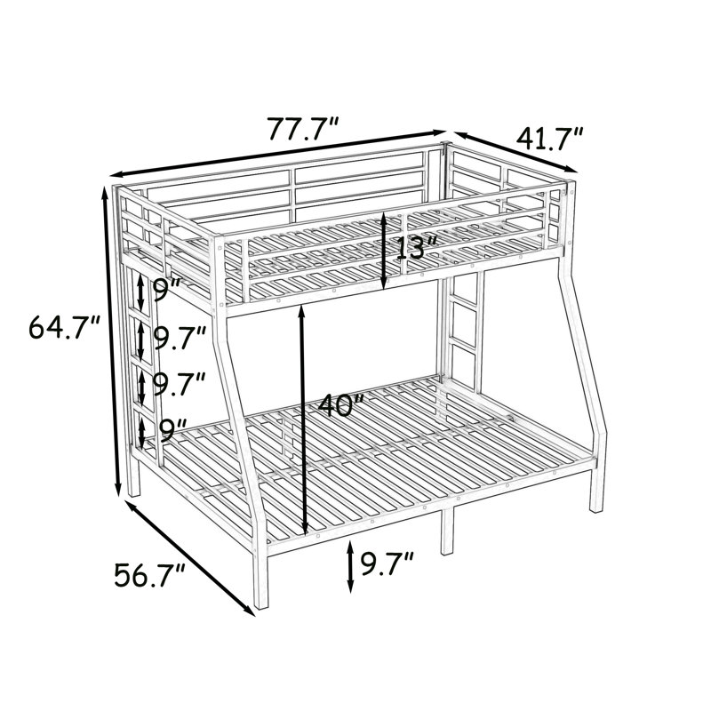 Metal Twin Over Full Bunk Bed With Slats And Ladder, Black, Twin over Full