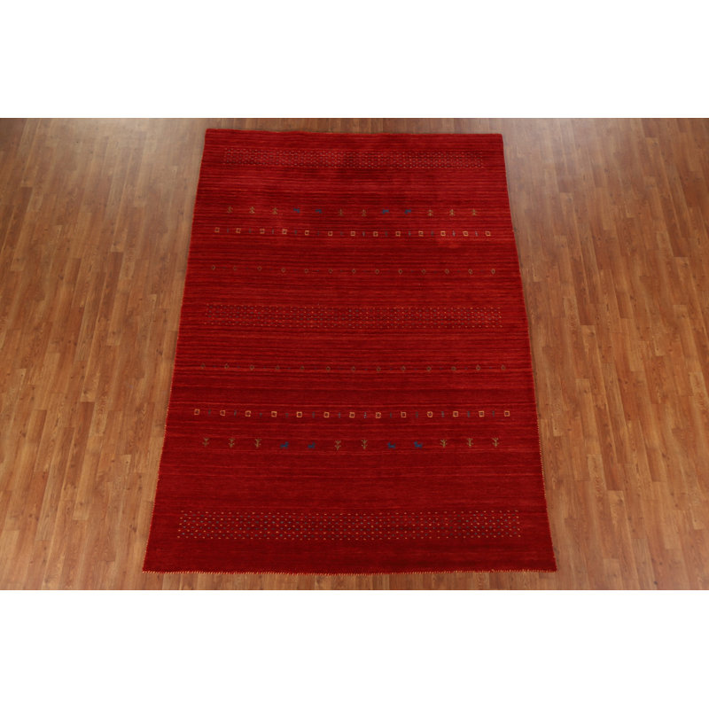 Tapis rouge en laine noué à la main de conception unique 6 pi 9 po x 9 pi 7 po New Age