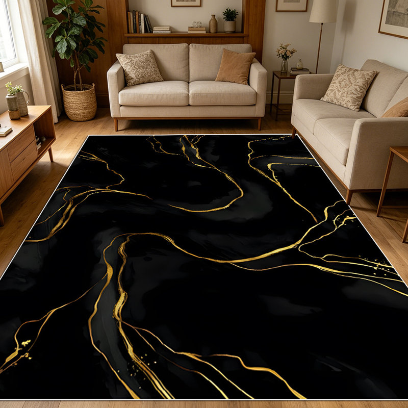 1PC Luxury Black Gold Fluid Marble Abstract area rugs for Living Room, Soft and Comfortable, Suitable for all seasons, easy-to-maintain, machine washable Indoor floor mat, Under Table Farmhouse suitable for dining table, bedroom, kitchen, entryway,
