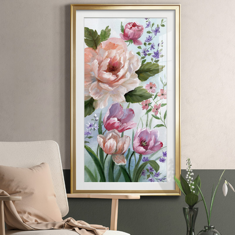 «Romantic Botanical I», reproduction d'art graphique sur papier encadré, H 10,5 po x l 18,5 po x P 1,5 po, Encadrement doré