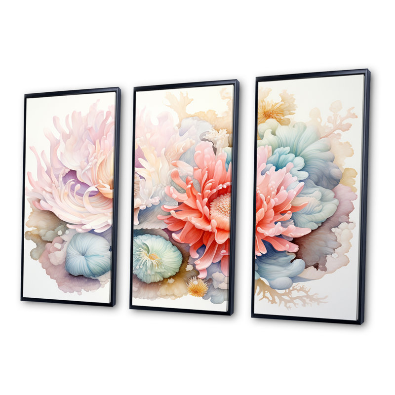 «Giant Plumose Anemone I», ensemble d'art mural sur toile corail sous l'eau, Cadre flottant noir, H 28 po x l 36 po x P 1 po