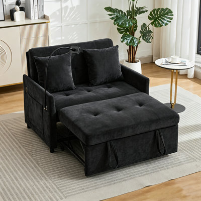 3-In-1 Convertible Linen Sleeper Sofa, Adjustable Backrest 90°-180°, Pull-Out Bed with USB, Phone Holder, Pillow and Blanket