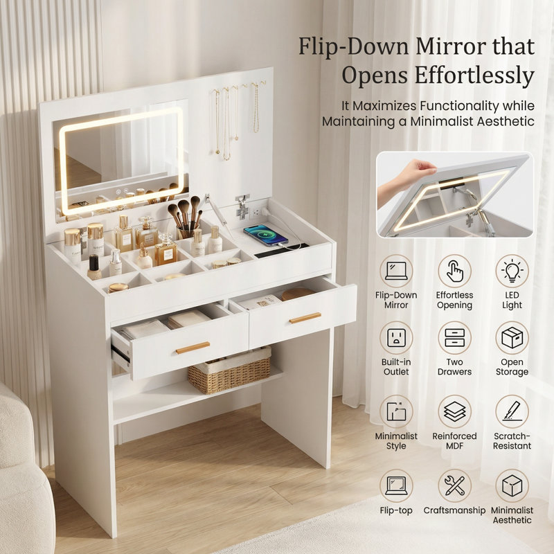 Modern Flip-Top Vanity Desk with Adjustable LED Mirror and Integrated Power Outlet - Functional Makeup Table with Drawers and Jewelry Storage Solution