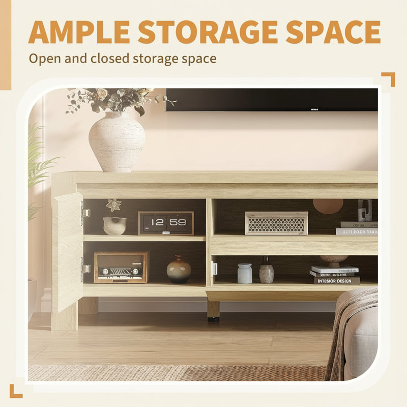 Meuble télé, avec portes et armoire, Naturel, H 17,7 po x L 63 po x l 15,8 po
