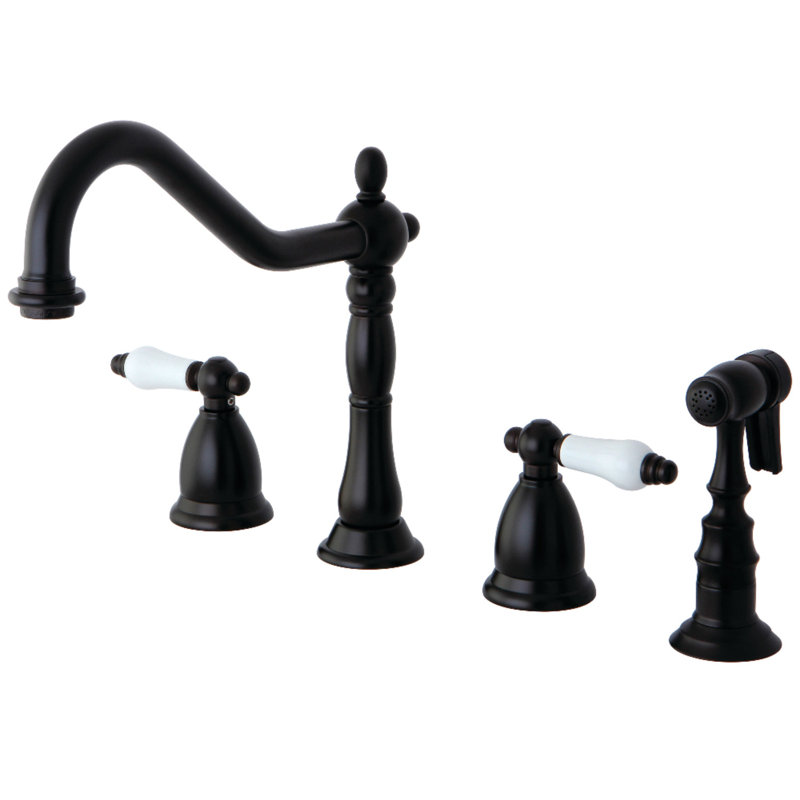 Kingston Brass Heritage Double-Handle 4-Hole Widespread Kitchen Faucet with Brass Sprayer, Oil Rubbed Bronze/White