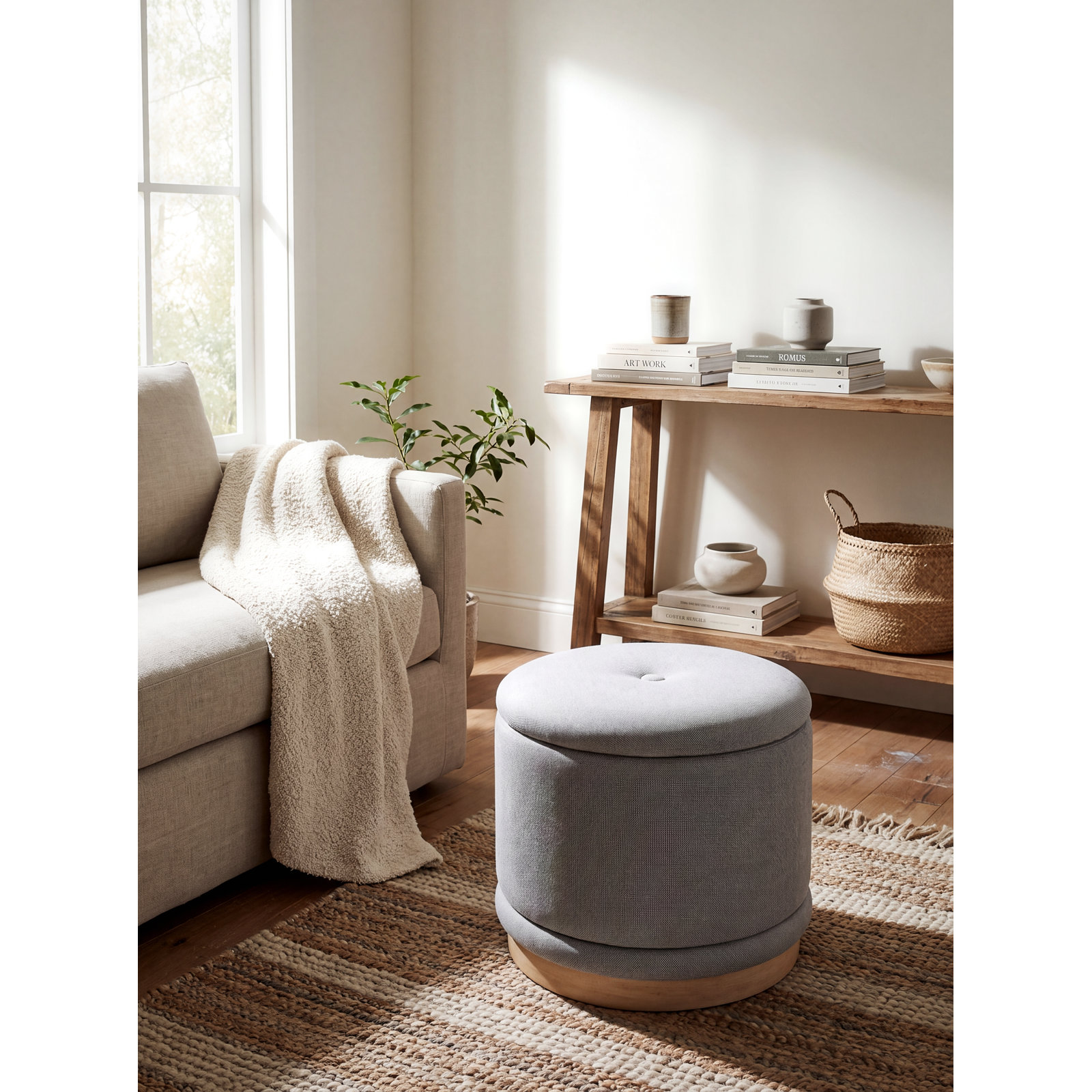 Nellya 20" Upholstered Ottoman, Gray Polyester/Linen