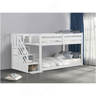 Transitional Style Twin Over Twin Low Bunk Bed Reversible Storage Drawers Staircase White Finish Mattress Ready Bedroom Furniture