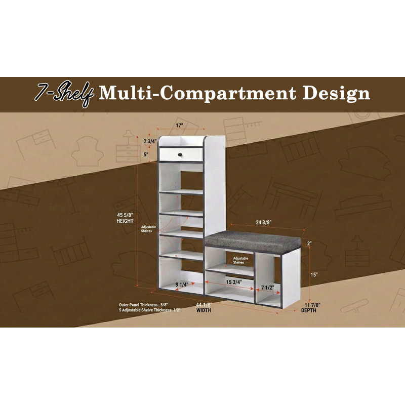 Banc de rangement pour chaussures d'entrée avec coussin, étagère ouverte et organisateur de tiroir, étagère à chaussures peu encombrante pour couloir, maison ou appartement