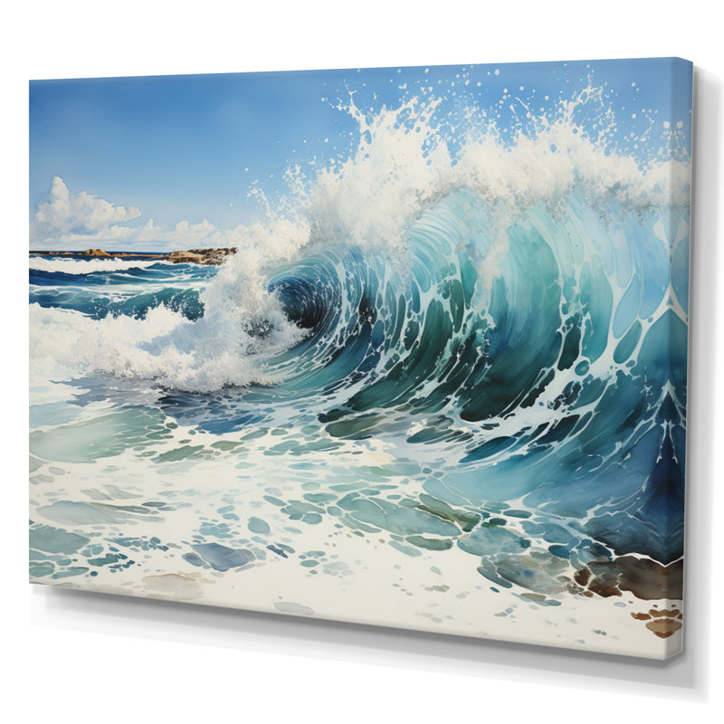«Beach Surfs Up Pointillism I» - impressions sur toile de plage côtière, H 34 po x l 44 po x P 1,5 po, Toile tendue
