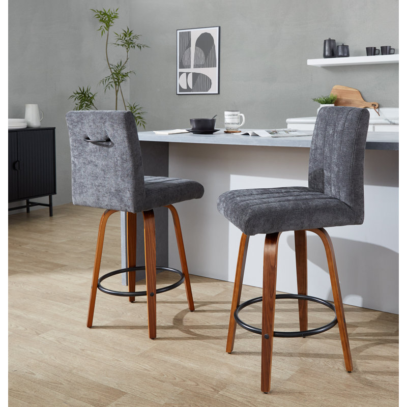 Hank 26" Fixed-Height Counter Stool With Bent Wood Legs - Set Of 2, Black Seat/Walnut Frame