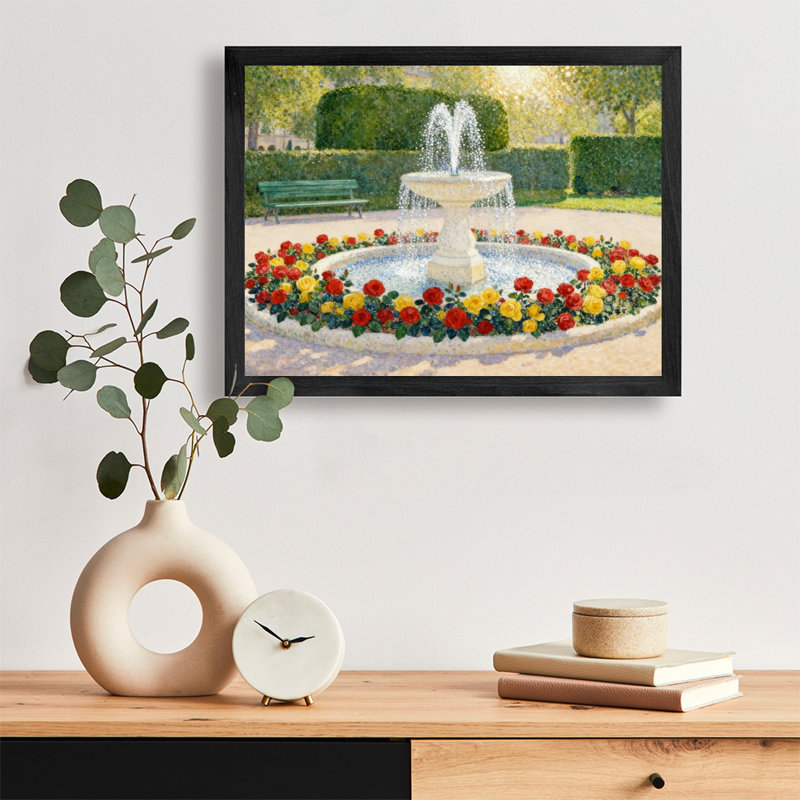 Fontaine noire encadrée noire, impression de style impressionniste, H 11 po x l 9 po