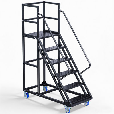 Échelle de rangement à 6 marches avec rampes de sécurité, escalier mobile en acier robuste avec roues verrouillables, escabeau anti-dérapant pour entrepôt, bibliothèque, marché