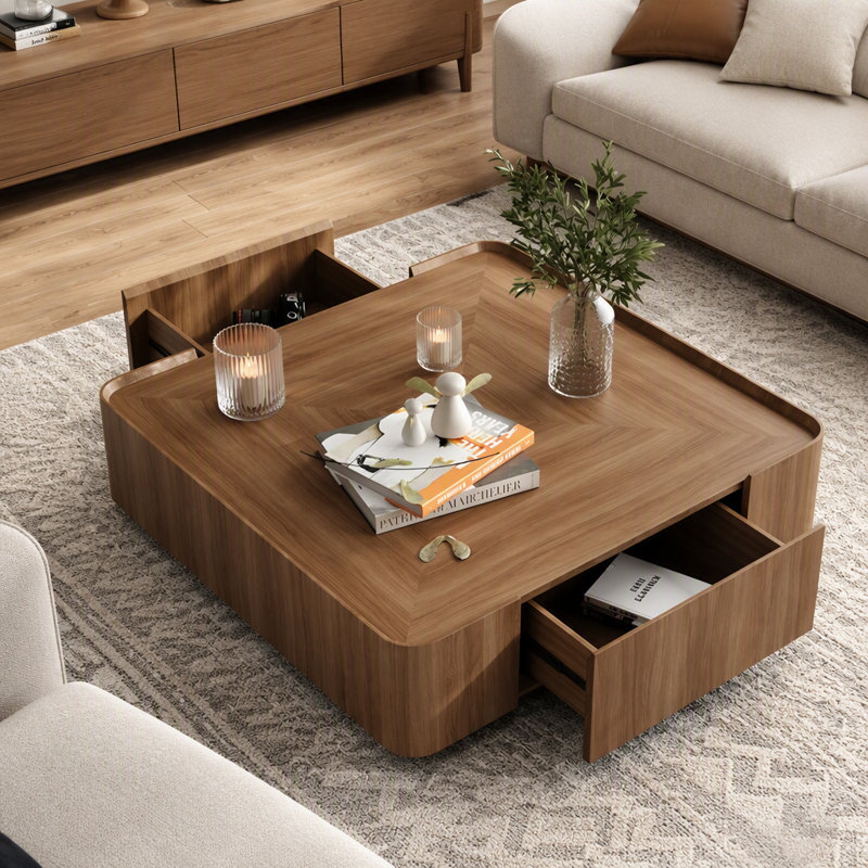 Table basse de luxe en bois avec tiroir caché, table centrale carrée facile à installer pour le salon, conception à rebords surélevés, finition noyer de qualité supérieure (table basse carrée de 35,43 po)