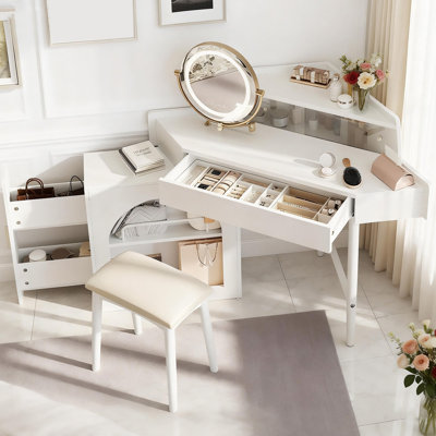 Coiffeuse d'angle peu encombrante avec miroir et tabouret à lumières DEL, coiffeuse de coin