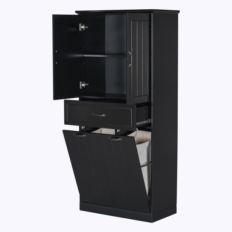 Armoire de rangement pour salle de bain avec deux paniers à linge, portes et tiroir, Noir