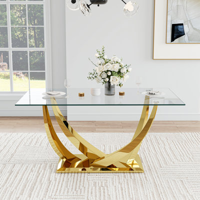 Modern Rectangular Glass Dining Table, 63" Tempered Glass Top With Stainless Steel Base With For 4–6 People, Dining Room & Kitchen Table