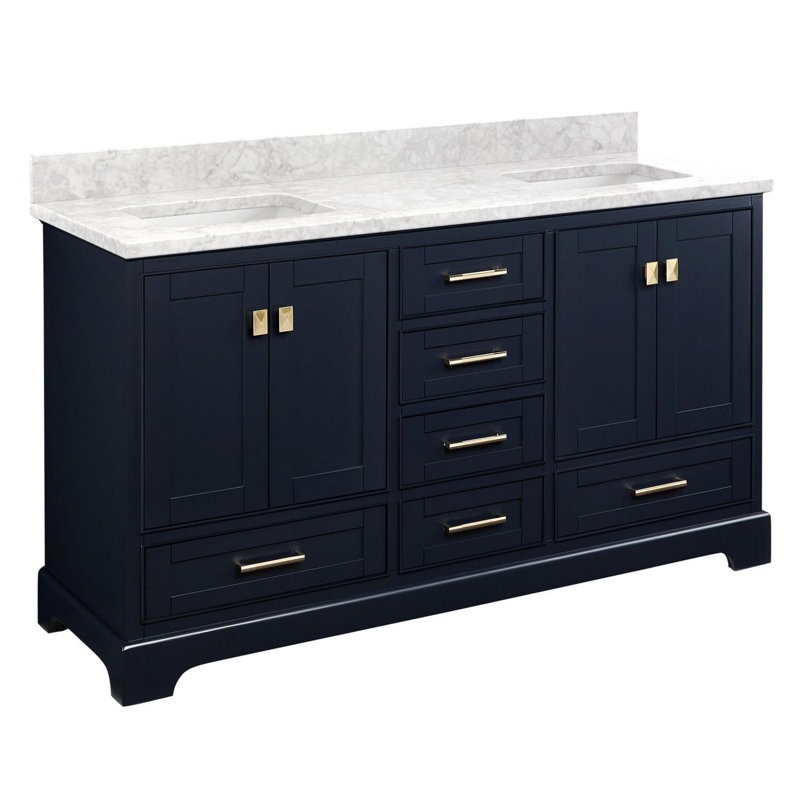 Ensemble de meuble-lavabo double autoportant avec meuble-lavabo 60 po Quen, Marbre de Carrare, Bleu marine de nuit