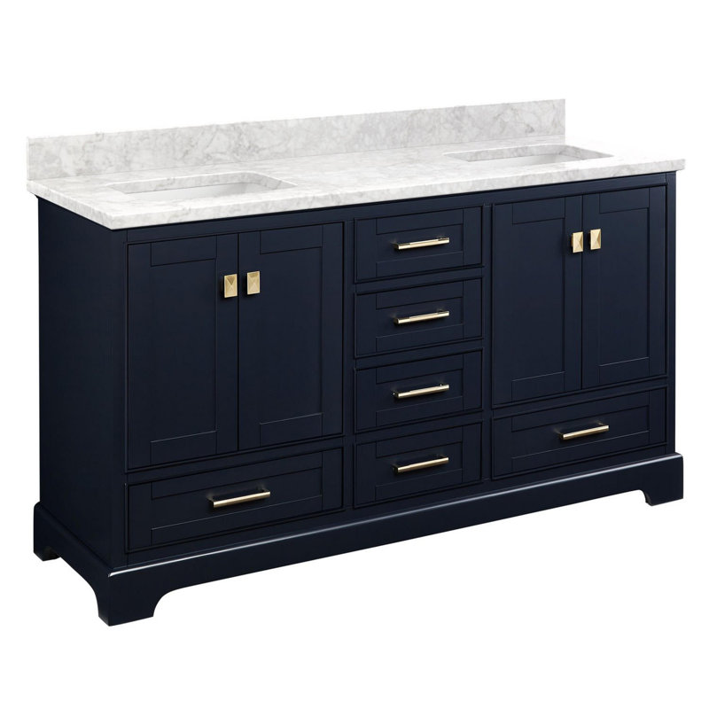 Quen 60" Freestanding Double Basin Vanity Set with Cabinet, Vanity Topss, Midnight Navy Blue, Carrara Marble, 8" Widespread
