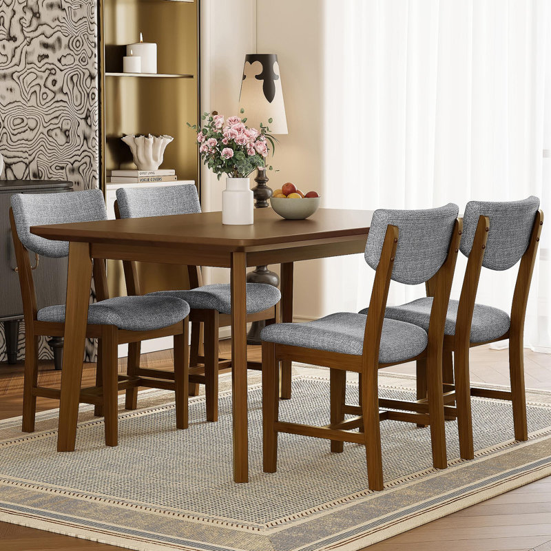 Ensemble de salle à manger rustique 5 pièces - 1 table en bois massif + 4 chaises rembourrées, meubles de salle à manger de style campagnard pour la cuisine et la salle à manger, ensemble de salle à manger minimaliste pour 4 personnes, noyer