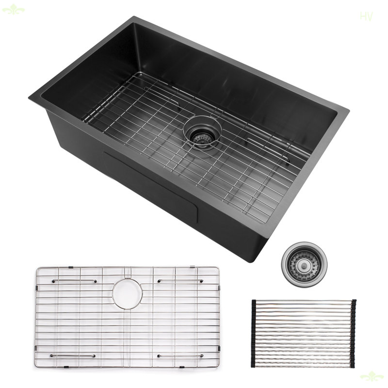 Évier de cuisine encastré 32 x 19 po à cuve simple en acier inoxydable de calibre 16, Noir mat