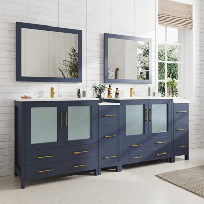 Brescia 96" Double Sink Freestanding Bathroom Vanity with Ceramic Top and Matching Mirrors