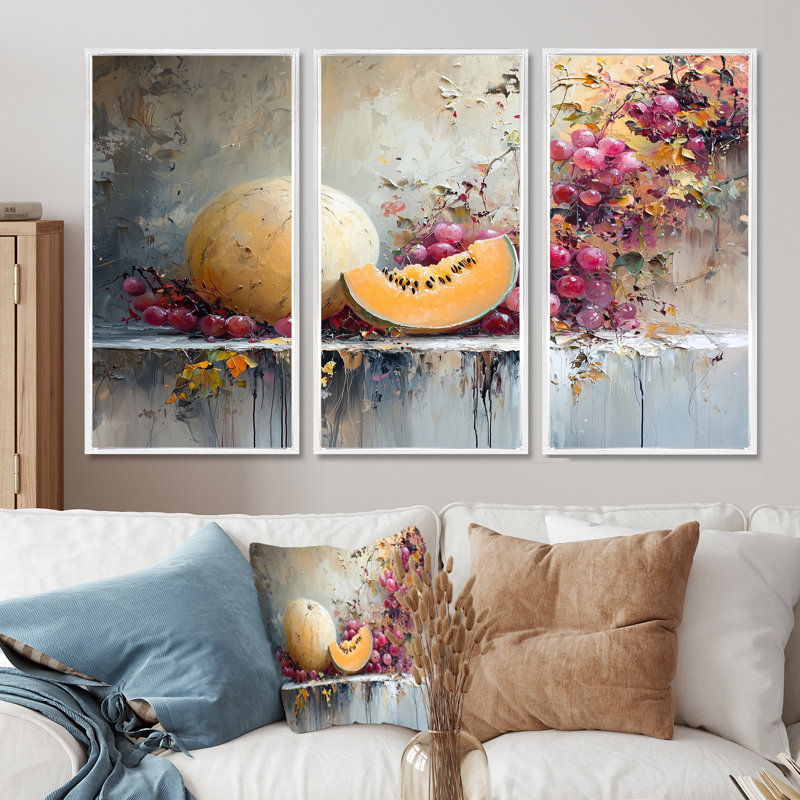 Ensemble de salon Melon dans des tons oranges et roses - Melon Wall Art, Toile encadrée flottée blanche