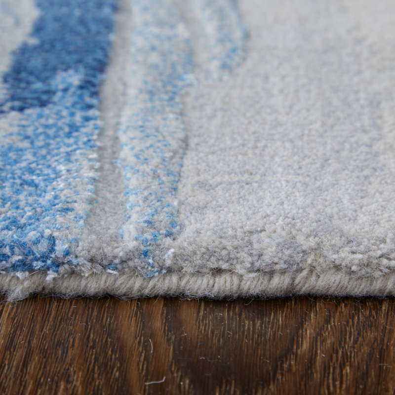 Kawai Hand Knotted Wool/Viscose Abstract Area Rug in Blue, Rectangle 10' x 14'