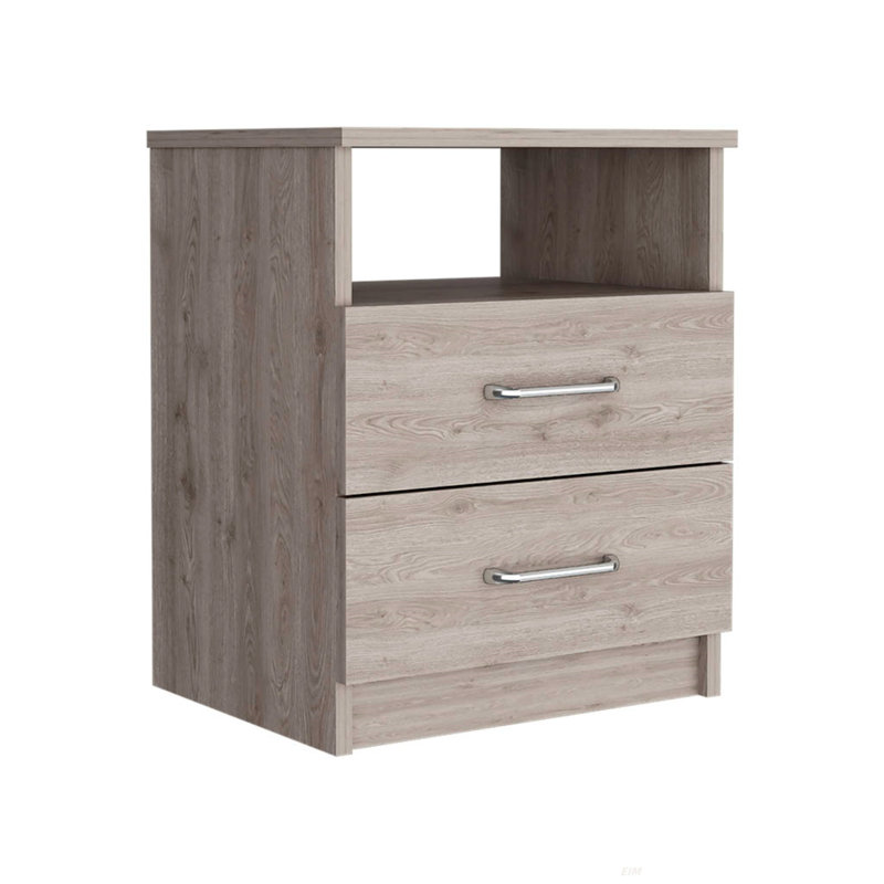 Table de chevet Olienza, deux tiroirs, une tablette, finition gris clair