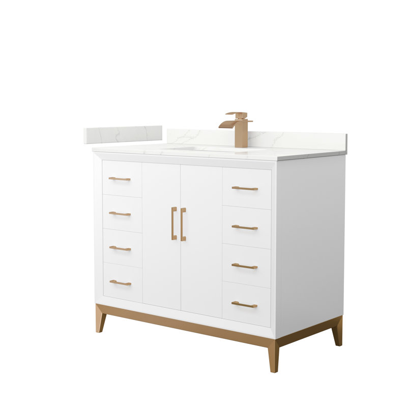 Meuble-lavabo sur pied simple 42 po avec plateau en quartz Amici, Bronze satiné, Quartz Giotto, 48"