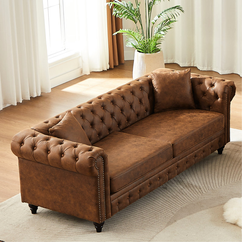 Tissu de 85,5 po avec 3 sièges, accoudoirs roulés, boutons et 2 coussins décoratifs - texture élégante, structure solide, coussins de siège confortables, structure douce et primaire