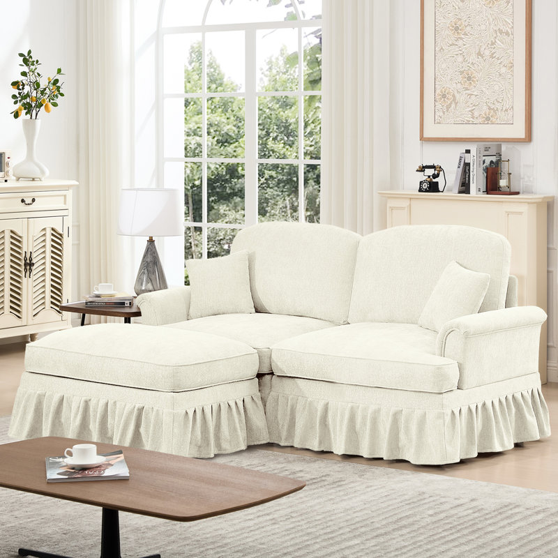 Canapé modulaire convertible en L convertible en chenille avec jupe amovible, causeuse de style Mid-Century avec repose-pieds et pieds fuselés
