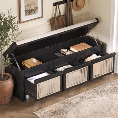 48 Inch Entryway Storage Bench with Lift Top Hidden Storage and Rattan Drawers