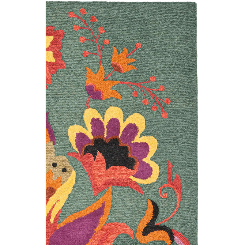 Jahiem Hand-Hooked Wool Dark Green Teal Area Rug, Square 6'