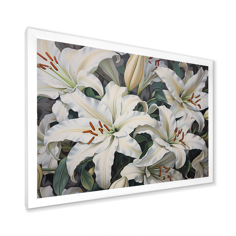 «White Lilies In Bloom Beauty I» sur toile, Cadre simple blanc, H 34 po x l 44 po x P 1,5 po