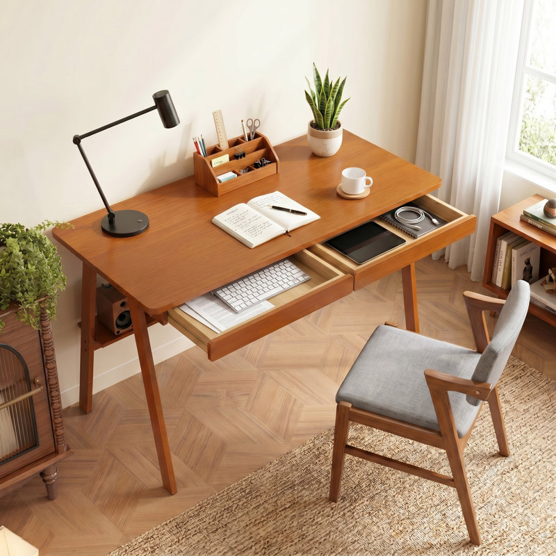 100% Solid Wood Writing Desk - Mid Century Modern Desk, Home Office Desks With 2 Drawers And Storage Shelf, Small Computer Desks, Study Makeup Workstation For Bedroom/living Room,