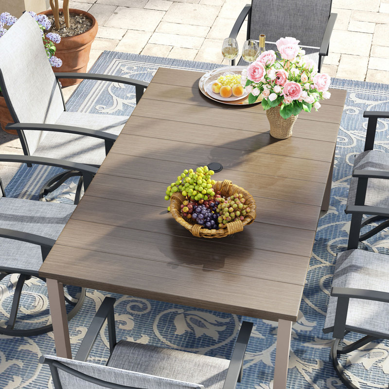 6-Person Rectangular Patio Dining Set With 360° Swivel PVC-coated polyester Chairs, Brush Wood Gray/Gray