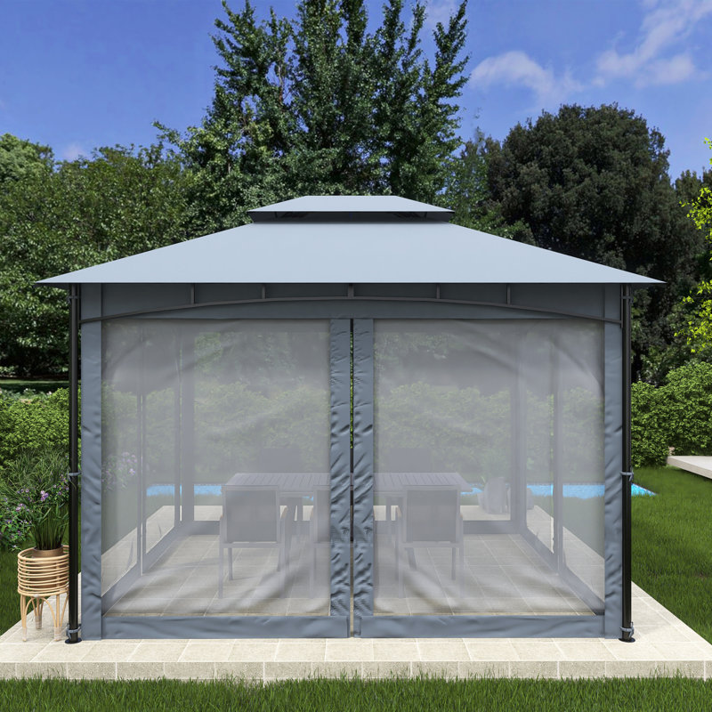 Pavillon de jardin en fer à toit souple avec toit double, Gris, H 112,68 po x l 143,81 po x P 118,2 po