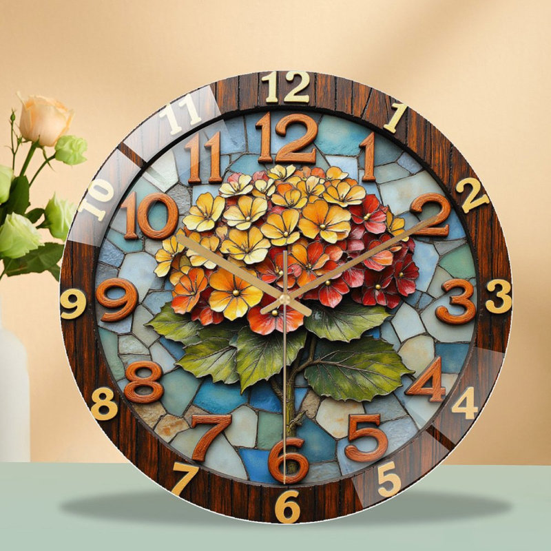 Horloge murale silencieuse en verre trempé de 30 cm, « Horloge murale à motif floral avec hortensias colorés », sans tic-tac, fonctionne avec des piles AA (non incluses), décoration artistique pour la maison