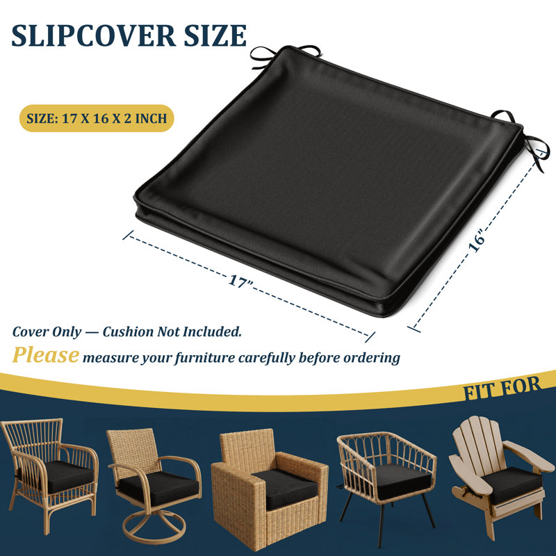 Outdoor Chair Cushion Covers, 5 Sizes Available, Covers Only, 17" W x 16" D, Black